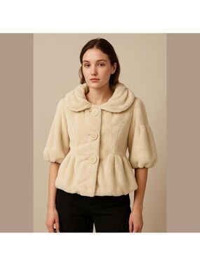 Karlie Cream Faux Fur Cropped Jacket w/ Large collar & 3/4 Length Sleeves - SM